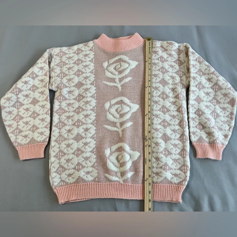 Vintage 90s Private Eyes Sweater Roses Sz 6 Y2K Made USA‎ Pink Silver Coquette